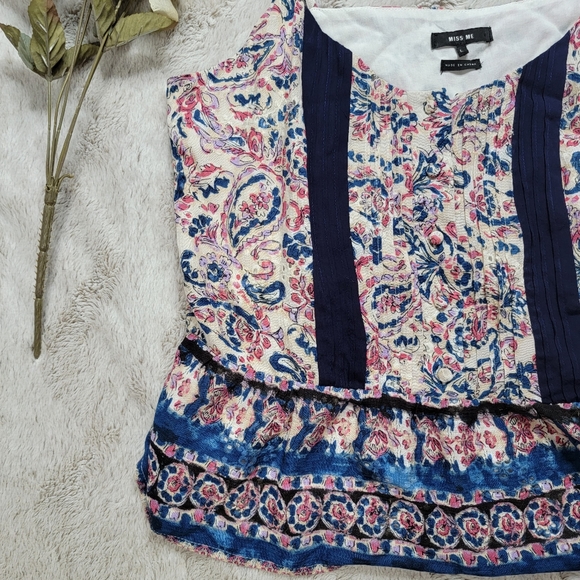 Miss Me Pleated Floral Tank Top in Navy Blue Sleeveless Size L - Picture 5 of 14